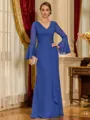 Sophisticated Sheath V-Neck Long Sleeves Pleated Floor-Length Chiffon Mother of the Bride Dress