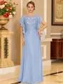 Stylish A-line Scoop Short Sleeves Appliques Lace Floor-Length Chiffon Mother of the Bride Dress