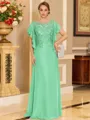 Stylish A-line Scoop Short Sleeves Appliques Lace Floor-Length Chiffon Mother of the Bride Dress