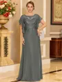 Stylish A-line Scoop Short Sleeves Appliques Lace Floor-Length Chiffon Mother of the Bride Dress