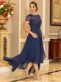 Tasteful A-line Scoop Short Sleeves Appliques Lace Asymmetrical Chiffon Mother of the Bride Dress