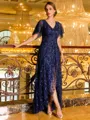 Radiant A-line V-Neck Short Sleeves Sequin Asymmetrical Tulle Mother of the Bride Dress