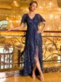 Radiant A-line V-Neck Short Sleeves Sequin Asymmetrical Tulle Mother of the Bride Dress