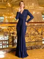 Resplendent Sheath V-Neck Long Sleeves Pleated Floor-Length Mother of the Bride Dress