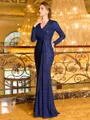 Resplendent Sheath V-Neck Long Sleeves Pleated Floor-Length Mother of the Bride Dress