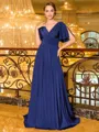 Gracious A-line V-Neck Short Sleeves Pleated Sweep Train Jersey Mother of the Bride Dress
