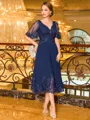 Immaculate A-line V-Neck Short Sleeves Appliques Lace Tea-Length Chiffon Corset Mother of the Bride Dress