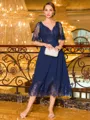 Immaculate A-line V-Neck Short Sleeves Appliques Lace Tea-Length Chiffon Corset Mother of the Bride Dress