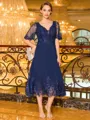 Immaculate A-line V-Neck Short Sleeves Appliques Lace Tea-Length Chiffon Corset Mother of the Bride Dress