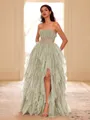 Unique A-line Straight Cascading Ruffles Floor-Length Corset Dress