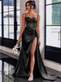 Perfect Sheath Spaghetti Straps Appliques Lace Sweep Train Silk Like Satin Corset Dress