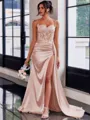 Perfect Sheath Spaghetti Straps Appliques Lace Sweep Train Silk Like Satin Corset Dress