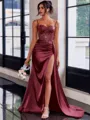 Perfect Sheath Spaghetti Straps Appliques Lace Sweep Train Silk Like Satin Corset Dress