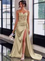 Perfect Sheath Spaghetti Straps Appliques Lace Sweep Train Silk Like Satin Corset Dress