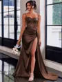 Perfect Sheath Spaghetti Straps Appliques Lace Sweep Train Silk Like Satin Corset Dress
