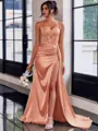 Perfect Sheath Spaghetti Straps Appliques Lace Sweep Train Silk Like Satin Corset Dress