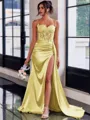 Perfect Sheath Spaghetti Straps Appliques Lace Sweep Train Silk Like Satin Corset Dress