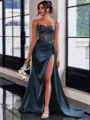 Perfect Sheath Spaghetti Straps Appliques Lace Sweep Train Silk Like Satin Corset Dress