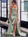 Perfect Sheath Spaghetti Straps Appliques Lace Sweep Train Silk Like Satin Corset Dress