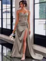 Perfect Sheath Spaghetti Straps Appliques Lace Sweep Train Silk Like Satin Corset Dress