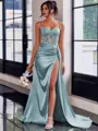 Perfect Sheath Spaghetti Straps Appliques Lace Sweep Train Silk Like Satin Corset Dress