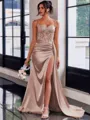 Perfect Sheath Spaghetti Straps Appliques Lace Sweep Train Silk Like Satin Corset Dress