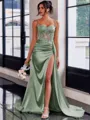 Perfect Sheath Spaghetti Straps Appliques Lace Sweep Train Silk Like Satin Corset Dress
