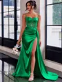 Perfect Sheath Spaghetti Straps Appliques Lace Sweep Train Silk Like Satin Corset Dress