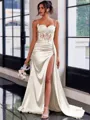 Perfect Sheath Spaghetti Straps Appliques Lace Sweep Train Silk Like Satin Corset Dress