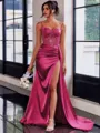 Perfect Sheath Spaghetti Straps Appliques Lace Sweep Train Silk Like Satin Corset Dress