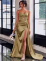 Perfect Sheath Spaghetti Straps Appliques Lace Sweep Train Silk Like Satin Corset Dress