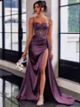 Perfect Sheath Spaghetti Straps Appliques Lace Sweep Train Silk Like Satin Corset Dress