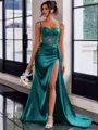 Perfect Sheath Spaghetti Straps Appliques Lace Sweep Train Silk Like Satin Corset Dress