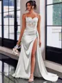 Perfect Sheath Spaghetti Straps Appliques Lace Sweep Train Silk Like Satin Corset Dress