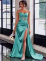 Perfect Sheath Spaghetti Straps Appliques Lace Sweep Train Silk Like Satin Corset Dress
