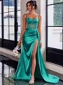 Perfect Sheath Spaghetti Straps Appliques Lace Sweep Train Silk Like Satin Corset Dress