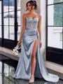Perfect Sheath Spaghetti Straps Appliques Lace Sweep Train Silk Like Satin Corset Dress
