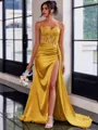 Perfect Sheath Spaghetti Straps Appliques Lace Sweep Train Silk Like Satin Corset Dress