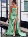 Perfect Sheath Spaghetti Straps Appliques Lace Sweep Train Silk Like Satin Corset Dress