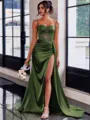 Perfect Sheath Spaghetti Straps Appliques Lace Sweep Train Silk Like Satin Corset Dress