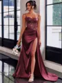 Perfect Sheath Spaghetti Straps Appliques Lace Sweep Train Silk Like Satin Corset Dress
