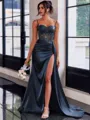Perfect Sheath Spaghetti Straps Appliques Lace Sweep Train Silk Like Satin Corset Dress