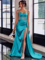 Perfect Sheath Spaghetti Straps Appliques Lace Sweep Train Silk Like Satin Corset Dress
