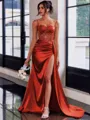 Perfect Sheath Spaghetti Straps Appliques Lace Sweep Train Silk Like Satin Corset Dress