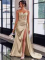 Perfect Sheath Spaghetti Straps Appliques Lace Sweep Train Silk Like Satin Corset Dress