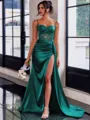 Perfect Sheath Spaghetti Straps Appliques Lace Sweep Train Silk Like Satin Corset Dress