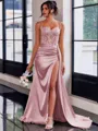 Perfect Sheath Spaghetti Straps Appliques Lace Sweep Train Silk Like Satin Corset Dress