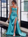 Perfect Sheath Spaghetti Straps Appliques Lace Sweep Train Silk Like Satin Corset Dress