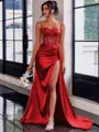 Perfect Sheath Spaghetti Straps Appliques Lace Sweep Train Silk Like Satin Corset Dress