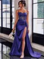 Perfect Sheath Spaghetti Straps Appliques Lace Sweep Train Silk Like Satin Corset Dress